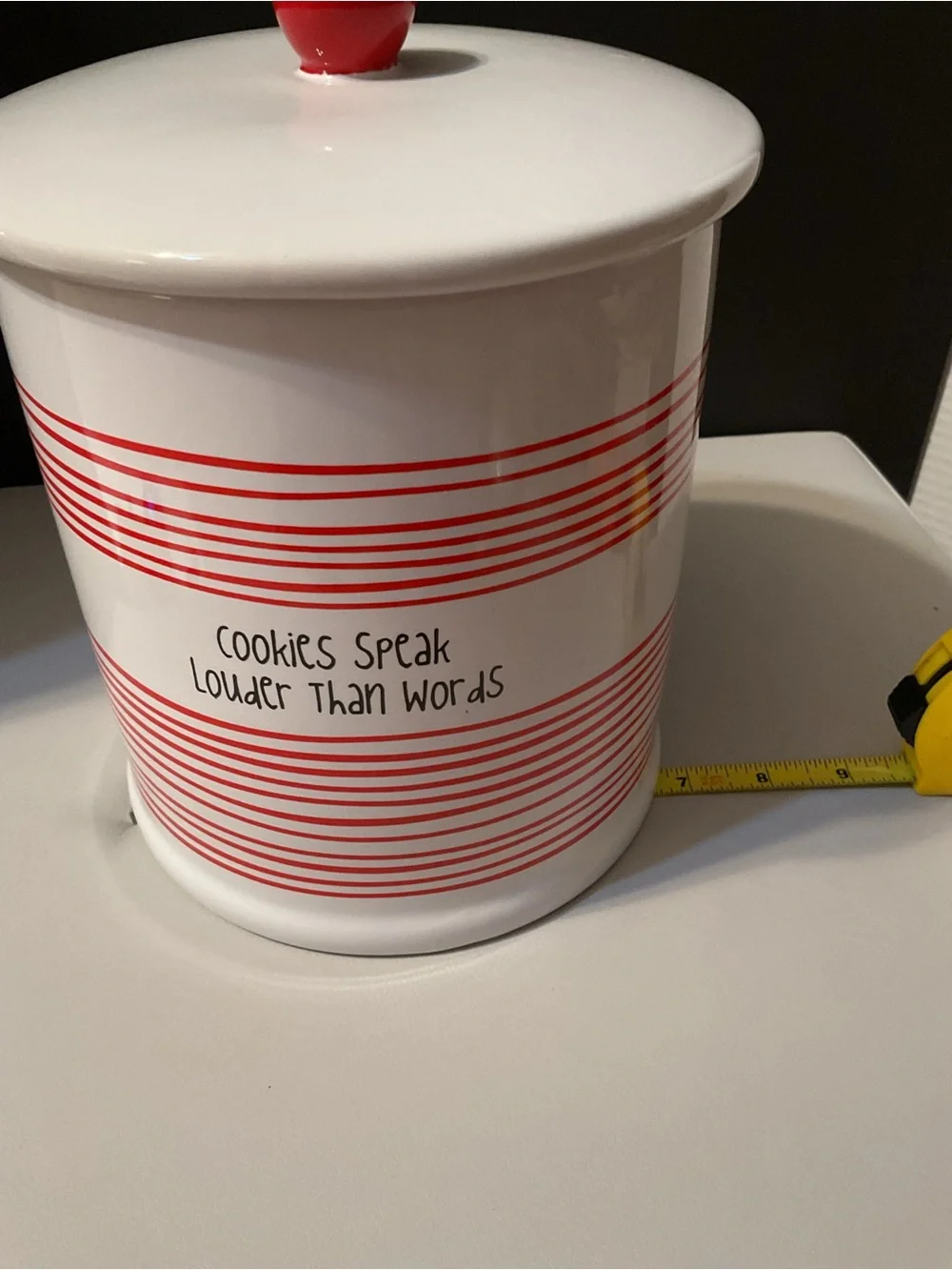 White and Red Ceramic Cookie Canister with Lid - Playful Text